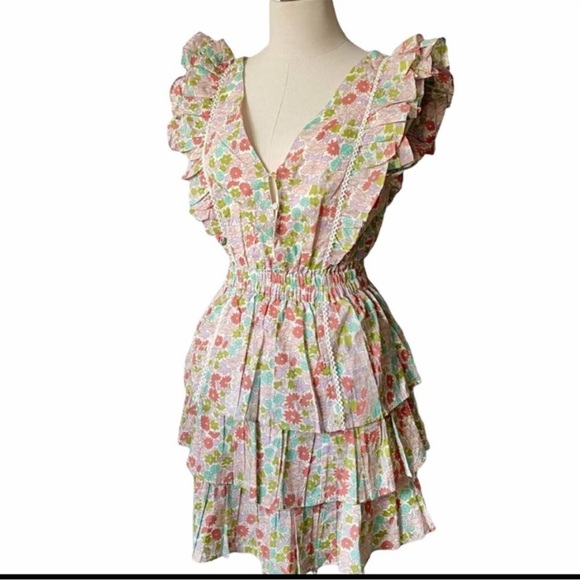 Love the Label Ines Ivory Floral Ruffle Tiered Boho Dress New with Tags Size L - Picture 3 of 10